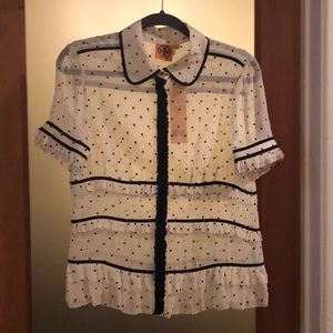 NWT Tory Burch Sheer Navy and Ivory Blouse
